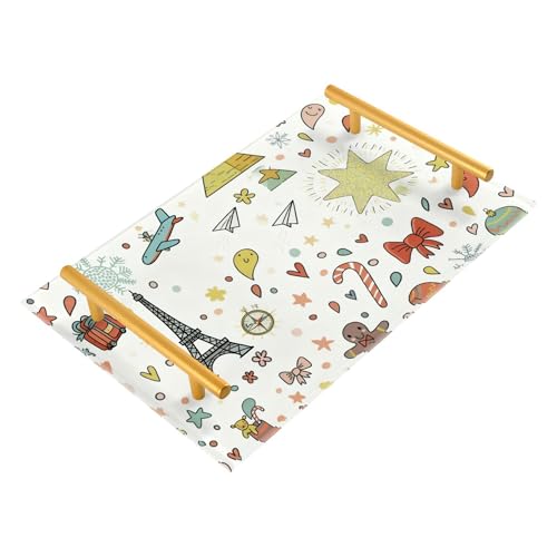 Bathroom Vanity Tray Counter Organizer, Travel and Festive Elements Pattern Decorative Tray with Handles Countertop Storage for Bathroom Bedroom Kitchen Home Farmhouse - color: Travel and Festive Elements Pattern