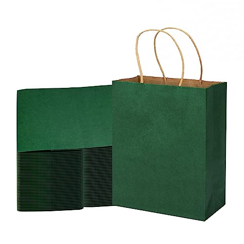 MOZRRO Gift Bags, 100 Pack 10.5x8.5x4.5 Inch, Paper Bags with Handles, Medium Size, Forest Green Gift Bag for Birthday, Wedding, Bulk, Party, Lunch, Goodie - color: Forest Green