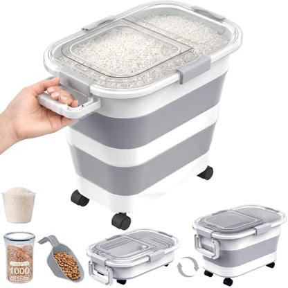 30 Lbs Rice Container, Collapsible Dog Food Storage Container | Airtight Cat Food Container with Wheels, Transparent Lid, Measuring Cup, Scoop and Handle, BPA Free for Pet Food, Bird Seed - size: 30 lbs