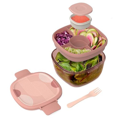Bentgo Glass Prints Salad Container - 7.6-Cup Tinted Glass Salad Bowl with Airtight Lid, Leak-Proof Sauce Container, 4-Compartment Bento Meal Prep Tray & Reusable Fork (Mod Curve - Desert Rose) - color: Mod Curve - Desert Rose