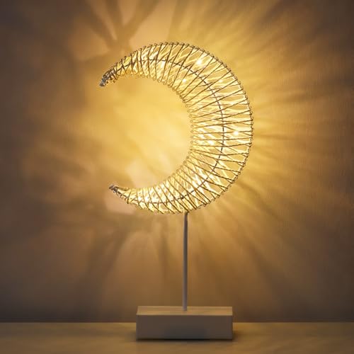 Lewondr Ramadan Decorations Moon Table Lamp, Moon Shape Rattan Ramadan Desk Lamp Battery Powered Light, Winding Thread LED Crescent Light for Home Bedroom Bedside Desktop Eid Mubarak Decorations - style: Warm White Moon