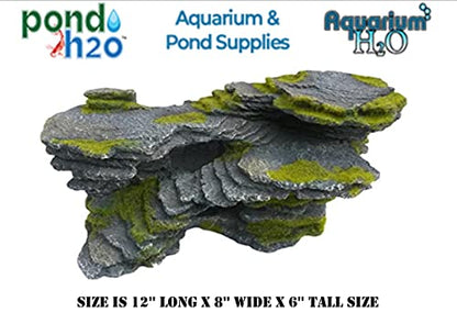 Masold Natural Looking Aquarium Stepped Rock Ornament with Artificial Moss 12 Inches Long, Gray Slate Rock Mountain Ledge Artificial Bridge Decorative Resin Basking Rock Fish Tank Decoration