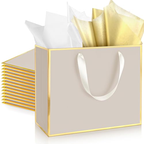 ReliThick 12 Pack Paper Gift Bag with Handles & Tissue, Champagne, Gold - color: Champagne, Gold