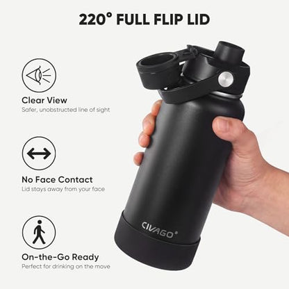 CIVAGO 64 oz Insulated Stainless Steel Water Bottle with Detachable Straw, Large Half Gallon Water Jug with Bucket Handle, Big Metal Leakproof Flask with Silicone Boot for Gym, Dishwasher Safe, Black - color: Black, size: 64 Ounces