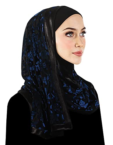 Stylish Mona Hijab Women's Black Kuwaiti with Chiffon Wrap Shawl & Satin Trim - color: Black With Blue Velvet