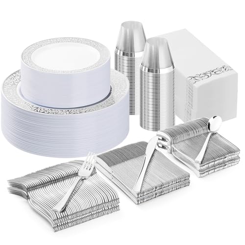 Bestluck 350 Pcs Silver Plastic Dinnerware Set for 50 Guests - color: Silver, size: 50 Guests Set