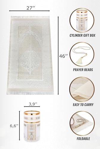 ihvan online Muslim Prayer Rug and Prayer Beads with Elegant Design Cylinder Gift Box, Janamaz, Soft Sajadah, Islamic Gifts Set, Portable Prayers Carpet Mat, Taffeta Fabric, White - color: White