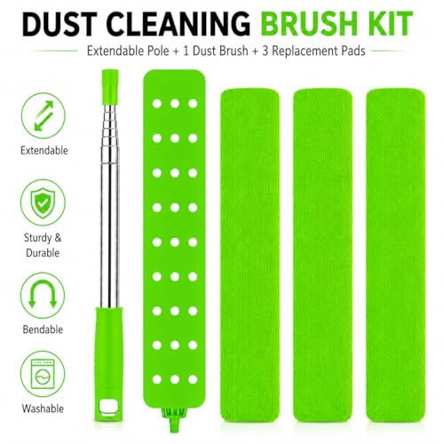 Retractable Gap Dust Cleaner with Extension Pole & 3 Microfiber Cloths | Cleaning Tools with 3 Microfiber Dusting Cloths | Long Handle Duster 30-100'' | Under Refrigerator Furniture Appliance Green - color: Green