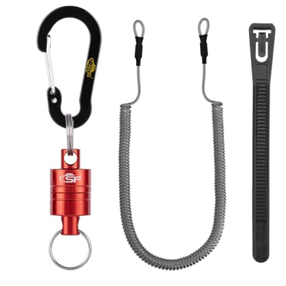 SF Strongest Magnetic Net Release Magnetic Keychain Fly Fishing Net Retractor Magnet Clip Holder Retractor with Retractable Coiled Lanyard Carabiner - color: Red Magnet+ Black Aluminum Alloy Hook