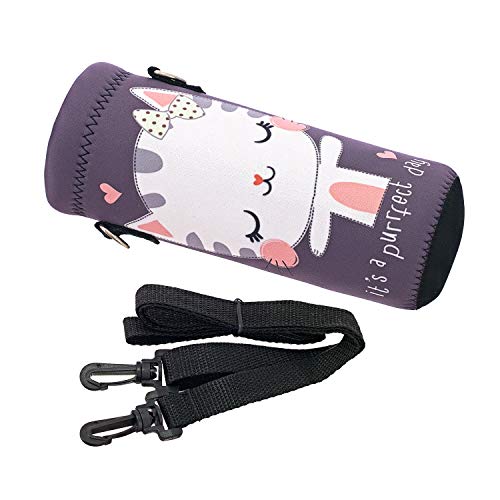 Neoprene Water Bottle Carrier Bag with Adjustable Shoulder Strap,Insulated Water Bottle Cover for Stainless Steel/Glass/Plastic Bottles - color: Cute Cat, size: 500ml