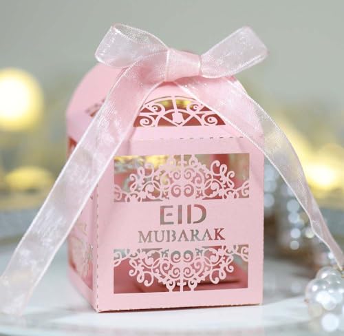 Steedna 50 Pack Square Chocolate Gift Box Hollow Out EID Wedding Party Favors Laser Cut Candy Boxes MUBARAK Party Favors Chocolate Box Ideal for Weddings, Birthdays & Anniversaries (Pink) - color: Pink