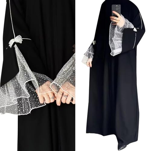 Luxury Black Abaya Dress with Intricate Lace Cuffs Full-Coverage Modest Wear for Muslim Women Elegant Prayer Dress - size: Medium