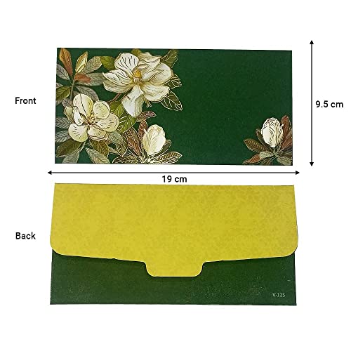Paper Flower Printed Velvet Finish Shagun Envelopes for Gifting Sagan Wedding Cash Money, 19 X 9.5 cm, Pack of 10, Dark Green Color