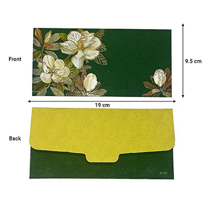 Paper Flower Printed Velvet Finish Shagun Envelopes for Gifting Sagan Wedding Cash Money, 19 X 9.5 cm, Pack of 10, Dark Green Color