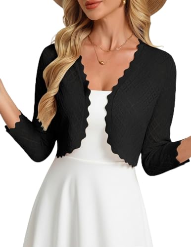 GRACE KARIN Womens Bolero Shrug 3/4 Sleeve Crochet Cropped Cardigan Open Front Knit Shrugs for Dresses - color: Black, size: XX-Large