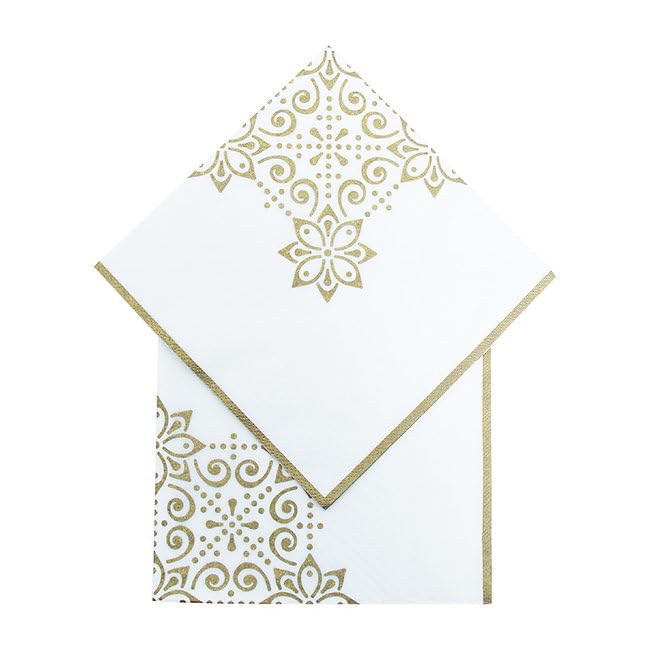 Eid Mubarak Party Disposable Tableware Set for Festive Celebrations, Parties, Muslim New Year - 8 Plates, 8 Cups, 20 Napkins, 1 Banner, 8 Desserts Plates (White)