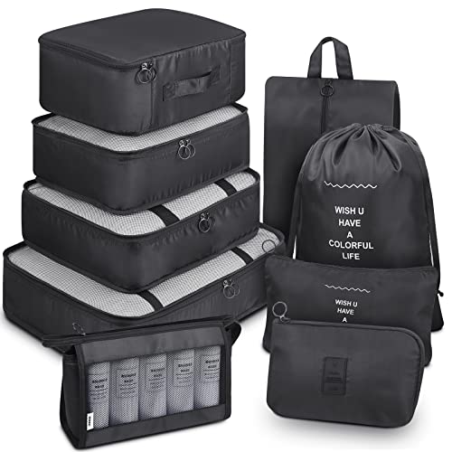 Mossio 9 Set Packing Cubes with Shoe Bag & Electronics Bag - Luggage Organizers Suitcase Travel Accessories - color: Black
