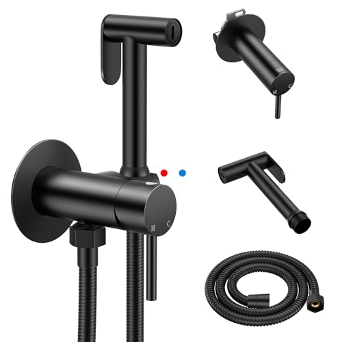 Arofa Built-in Hot and Cold Handheld Bidet Sprayer for Toilet, Black Warm Water Bidet with Adjustable Water Flow, Dual Control Mode Muslim Shower with Spray Hose for Feminine Wash, Wall Mounted - color: Black, size: Built-in Hot & Cold Round-1 Pack