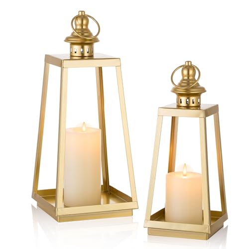 Gold Metal Lantern Decorative Indoor, Set of 2 Wedding Decor | 15" & 12" Hanging Candle Lanterns, Farmhouse Outdoor Decor, for Front Porches, Table Centerpieces and Mantle Fireplace - color: Gold