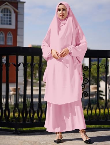 Abayas for Women Muslim Chiffon Prayer Burqa Dress Burkas for Women Muslim Hijab Dress Full Length Islamic Veil Abaya Set - color: Pink-loose