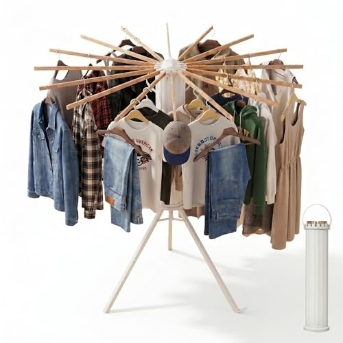 Clothes Drying Rack Foldable, Portable Laundry Drying Rack for Clothes with 16 Wooden Rods & 48 Windproof Slots, Collapsible Tripod Dry Rack for Apartment, RV, Balcony - style: Standing
