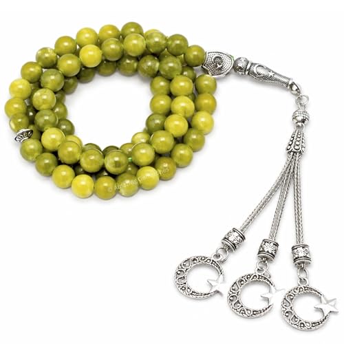 Amazing Gemstone Green Jade Tasbeeh with Moon and Star Charm - Certified Crystal Muslim Prayer Beads Natural Gemstone Tasbih Gift for Ramadan Dhikr and Daily Namaz (S) - color: Green Jade