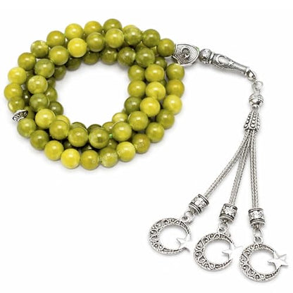 Amazing Gemstone Green Jade Tasbeeh with Moon and Star Charm - Certified Crystal Muslim Prayer Beads Natural Gemstone Tasbih Gift for Ramadan Dhikr and Daily Namaz (S) - color: Green Jade