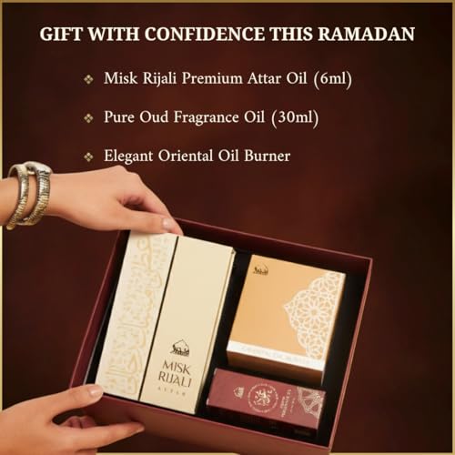 Dukhni Oud & Musk Gift Set | 30ml Oud Diffuser Oil, 6ml Misk Rijali Attar, Wrought Iron Burner, Brass Bowl, Wooden Coaster & Tea Light Candle | Perfect for Ramadan & Eid Gifting