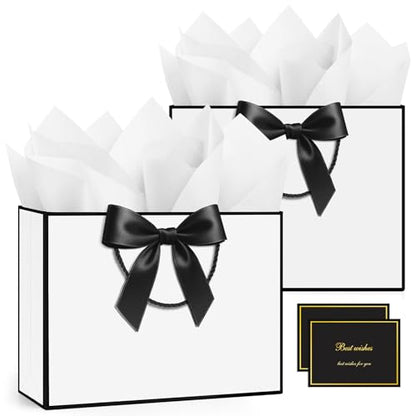 ANZNKU 2PCS White Gift Bags Medium, Gift Bags with Handles 4 Tissue Paper 2 Ribbons 2 Cards for Women & Men Birthday Graduation Wedding Engagement Bridal Baby Shower Presents Party Favors Wrapping - color: Classic White