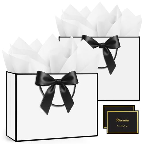 ANZNKU 2PCS White Gift Bags Medium, Gift Bags with Handles 4 Tissue Paper 2 Ribbons 2 Cards for Women & Men Birthday Graduation Wedding Engagement Bridal Baby Shower Presents Party Favors Wrapping - color: Classic White