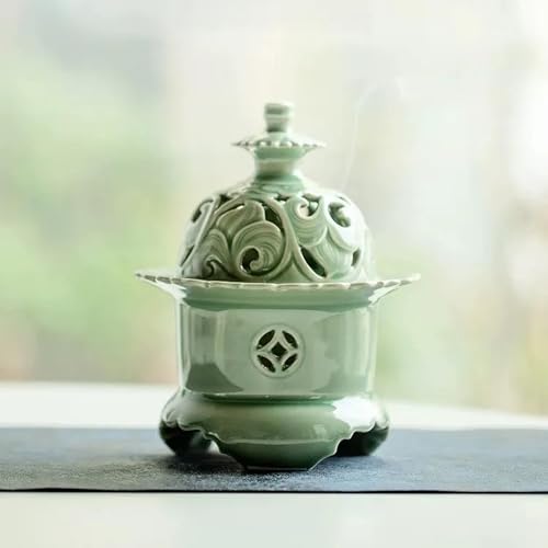 Hermit Life Three-Legged Incense Burner (Celadon), Porcelain Incense Holder with Lotus-Shaped Lid, Green - color: Green