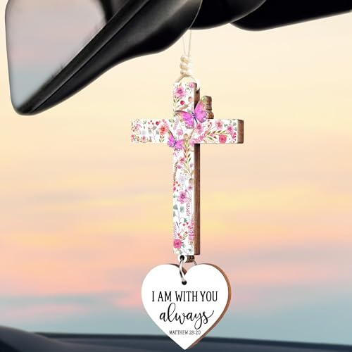 Cross for Car Mirror Hanging Christian Gifts for Men, Women, Bible Study - Scan Phone for Daily Bible Verse Car Rearview Decor Accessories, Mothers Day Jesus Religious Gift for Mom - color: Matthew 28:20 - Pink