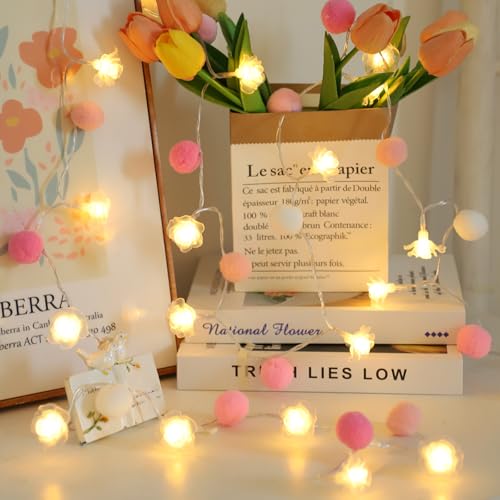 ChiRee 9.85Ft Rose Flower String Lights Cute Pom Pom Garland Lights - color: Pink-Rose