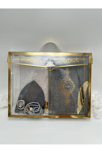 SODEF Gift Set with Quran, Groom Bohca Set 7 Piece 16x24cm, Islamic Wedding Gift, Umrah Hajj Present, Gray Glass Pearl Rosary - Gray