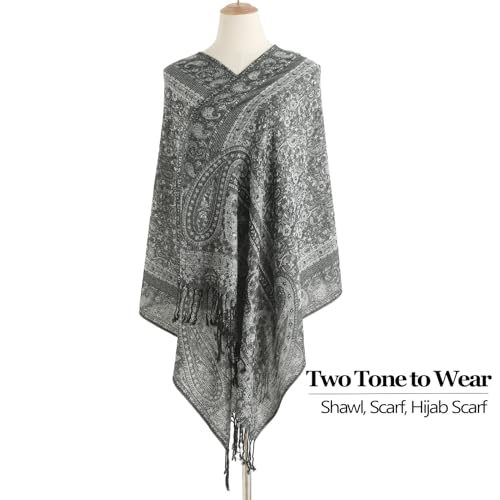 Paisley Pashmina Rave Shawl Scarf-Women's Reversible Ethnic Jacquard Pashmina Wraps for Travel - color: C#.black Silver