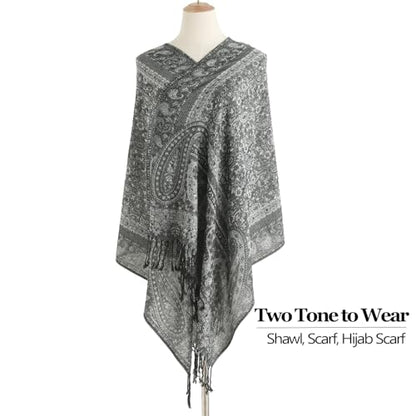 Paisley Pashmina Rave Shawl Scarf-Women's Reversible Ethnic Jacquard Pashmina Wraps for Travel - color: C#.black Silver