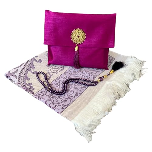 Muslim Prayer Rug and Beads with Elegant Slub Fabric Bag | Janamaz | Sajadah | Soft Islamic Prayer Rug | Islamic & Mawlid Gifts | Prayer Carpet Mat, Taffeta Fabric (Purple, 1 Sets) - color: Purple, size: 1 Sets