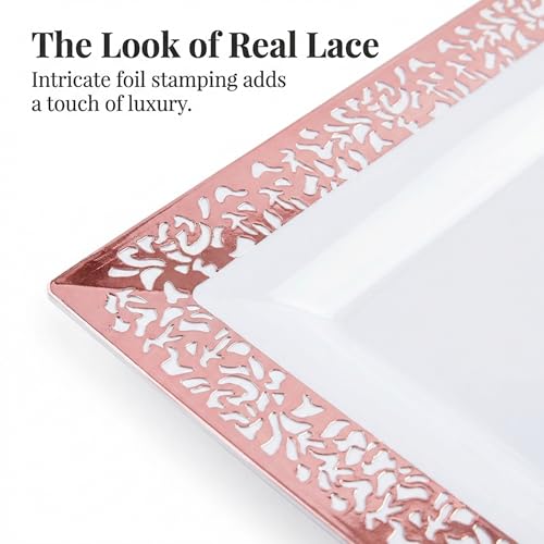 Yumchikel-Plastic Serving Tray & Platter Set (4pk) White & Rose Gold Lace Disposable Party Trays & Platters for Food - Weddings, Dessert Table, Cupcake Display -14"x7.5" inches - color: White Rose Gold Lace, size: 4 Pack