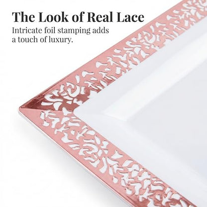 Yumchikel-Plastic Serving Tray & Platter Set (4pk) White & Rose Gold Lace Disposable Party Trays & Platters for Food - Weddings, Dessert Table, Cupcake Display -14"x7.5" inches - color: White Rose Gold Lace, size: 4 Pack