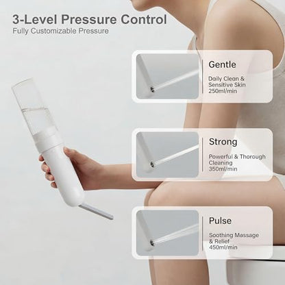Electric Portable Bidet- Rechargeable Travel Bidet for Women, Postpartum, Hygiene | 3 Pressure Modes, 260 Uses/Charge, IPX7 Waterproof, Foldable & Compact, Standard Bottle Fit, USB-C Charging, White - color: White