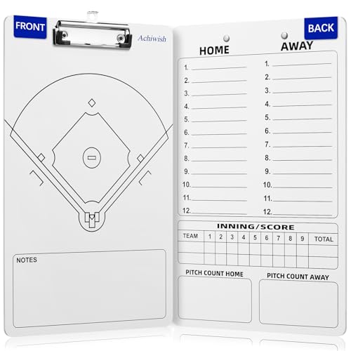 Baseball Clipboard for Coaches, Double-Sided Dry Erase Board | Field diagram, home and away 12-player lineups, score, and pitch-count areas; marker and eraser are not included. - style: Baseball