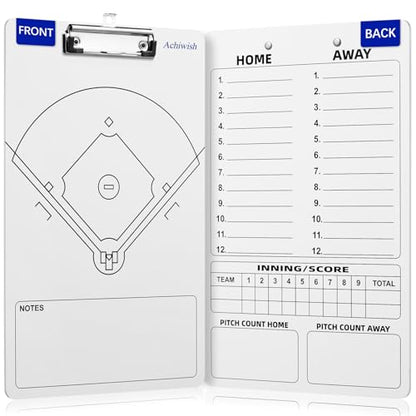 Baseball Clipboard for Coaches, Double-Sided Dry Erase Board | Field diagram, home and away 12-player lineups, score, and pitch-count areas; marker and eraser are not included. - style: Baseball