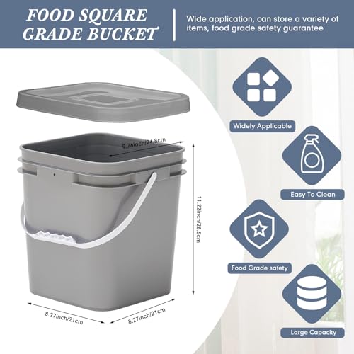 Mumufy 10 Pcs 3.5 Gallon Square Food Grade Bucket with Lid Plastic Buckets Pail with Handle Lid Heavy Duty Buckets for Storing Dry Food Charcoal Camping Fishing(Grey) - color: Gray, style: Square
