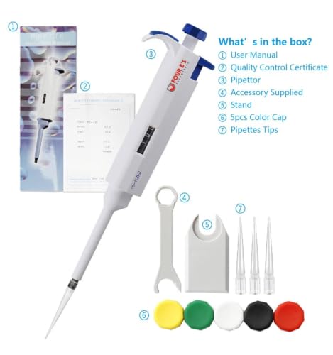 FOUR E'S SCIENTIFIC 10-100μL Pipette, Single-Channel Adjustable Pipettor | Manual Micropipette, Clear Volume Display, Lightweight Ergonomic Design - size: 05 (10-100ul)