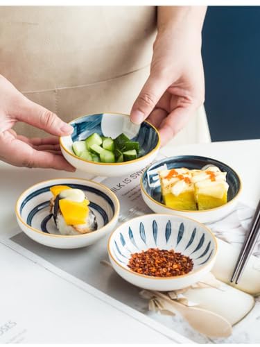 4 Pack 3 oz Small Soy Sauce Dish Ceramic Dipping Sauce Bowls | Japanese Style/Cute/Mini Dipping Bowls for Sushi,Side Dish,Ketchup,Dips,Condiment,Snack/BBQ Party/Stackable - color: Japanese Blue