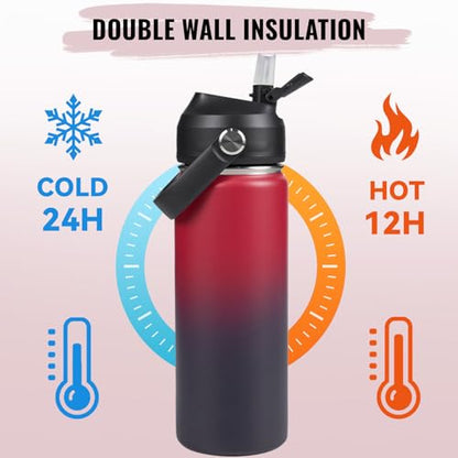 Fijinhom 18oz Insulated Stainless Steel Water Bottle, Wide Mouth Double Wall Vacuum, Silicone Straw, Sweat & Leak Proof, BPA Free Insulated Water Flask for Travel, Keep Cold 24h Hot 12h, Red - color: Red, size: 18 Ounces