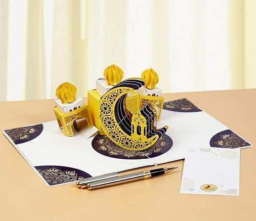 CUTPOPUP Ramadan Card Pop Up, 3D Ramadan Kareem, Eid Mubarak, Awesome Holy Month Present, Eid al-Fitr Celebration, Muslim Holiday, with Note and Envelope SD258US1520
