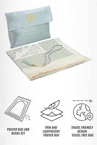 ihvan online Muslim Prayer Rug with 99 Beads Tasbih & Travel Bag, Soft Taffeta Sajadah, Lightweight & Foldable Janamaz, Portable Prayer Mat, Islamic Gift for Eid, Ramadan, Hajj & Umrah, Grey - color: Grey