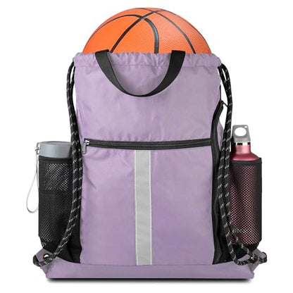 BeeGreen Lilac Drawstring Backpack Bag Gym Sports Backpack with Shoe Compartment and Two Water Bottle Holder for Women Men Large String Athletic Sackpack Workbag - color: Lilac, style: Drawstring With Shoe Compartment