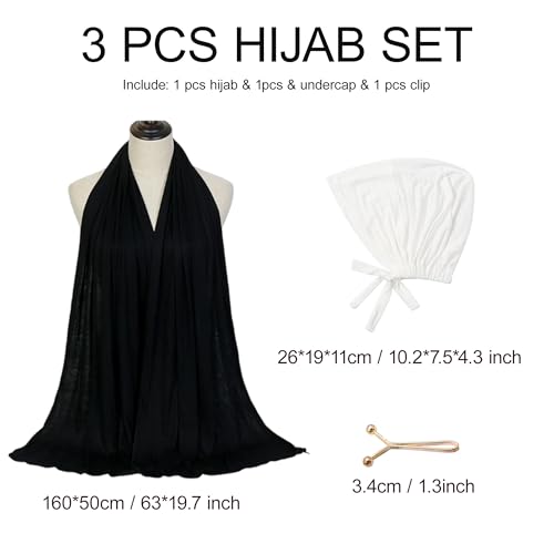 Hijab Scarf for Women, 3PCS Set with Undercap and Hijab Clip Lightweight Modal Muslim Head Wrap Scarf for Daily - color: Sy2-black Hijab+white Undercap
